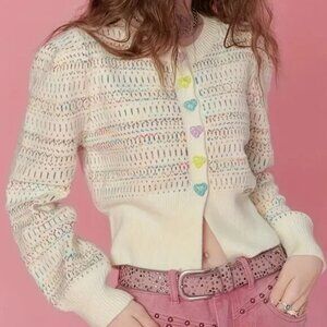 Cream/Beige Love Heart Colorful Button Cardigan Sweater